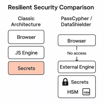 Diagram comparing resilient security architecture with exposure to zero-day browser vulnerabilities like CVE-2025-6554