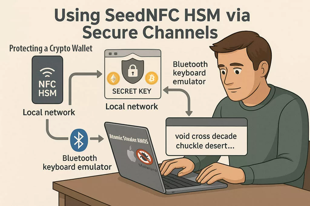 Using SeedNFC HSM with secure local network and Bluetooth keyboard emulator to protect crypto wallets against Atomic Stealer malware on macOS.