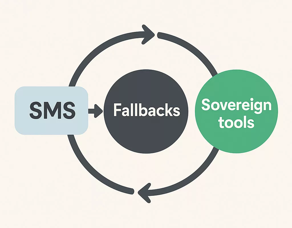 Circular diagram showing SMS evolving through fallback systems into sovereign encryption tools like DataShielder