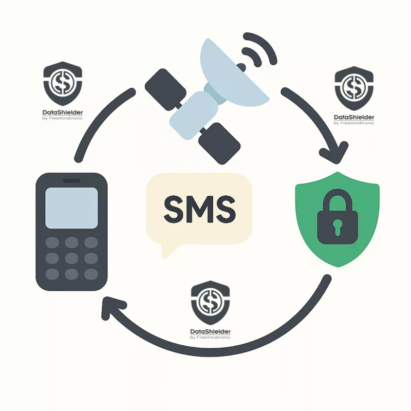 Diagram showing SMS transmission from legacy phones via satellite, ending in encrypted delivery secured by DataShielder
