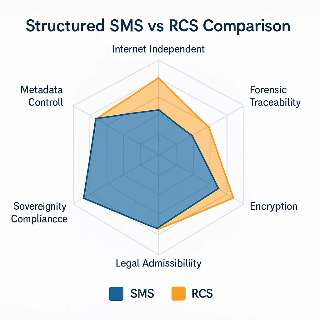 Radar chart comparing SMS and RCS across sovereignty compliance, encryption, metadata control, legal admissibility, and internet independence