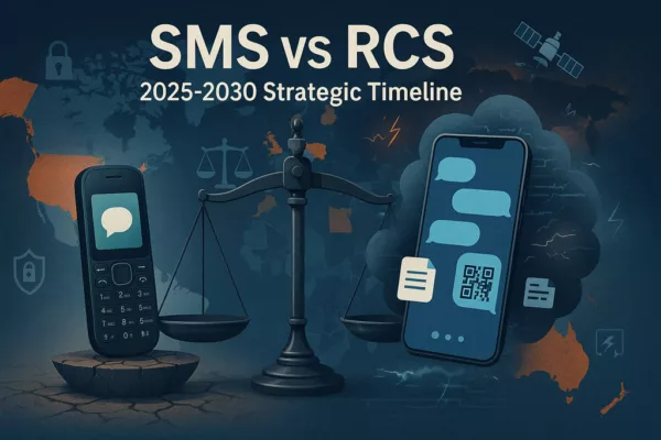 SMS vs RCS Strategic Comparison Guide – Visual representation of resilience, sovereignty, and encryption risks between legacy SMS and modern RCS systems