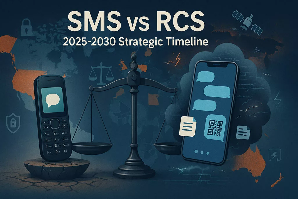 SMS vs RCS Strategic Comparison Guide – Visual representation of resilience, sovereignty, and encryption risks between legacy SMS and modern RCS systems