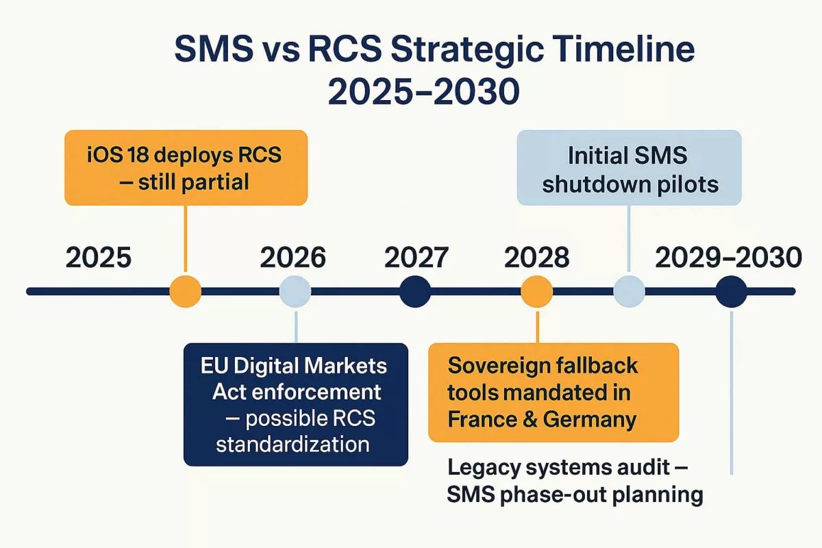 Infographic showing SMS vs RCS strategic timeline between 2025 and 2030