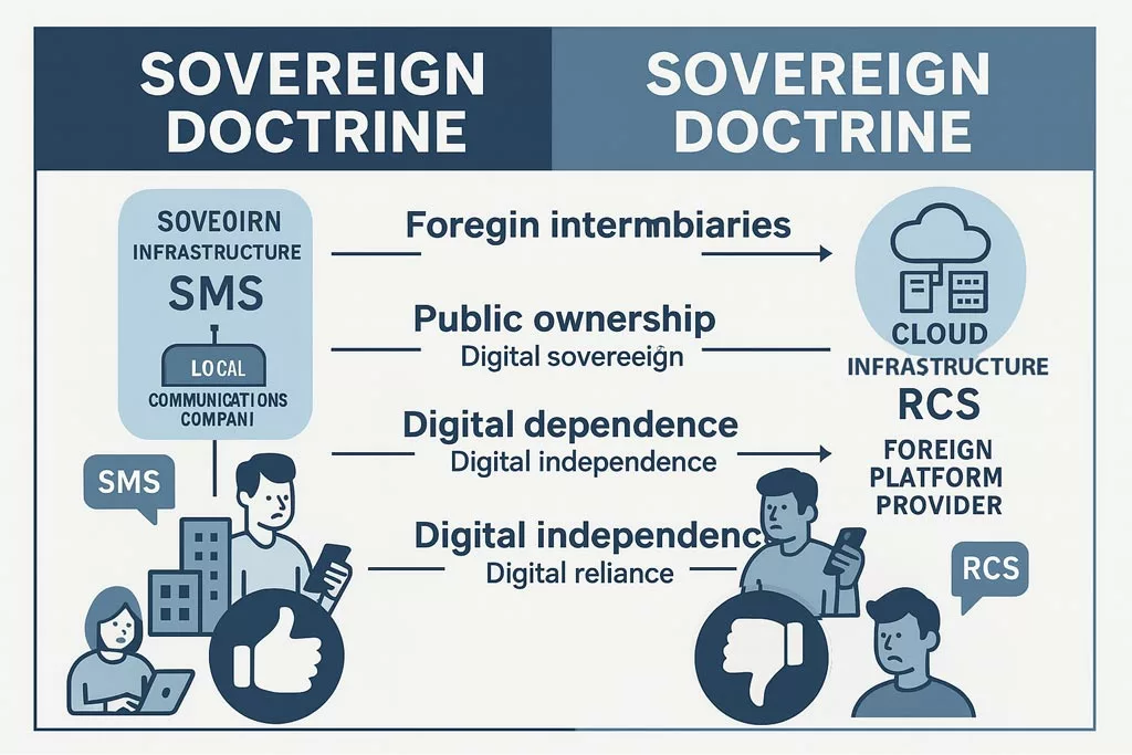 Infographic illustrating the Sovereign Communication Doctrine comparing SMS and RCS for national resilience, encryption, and data sovereignty