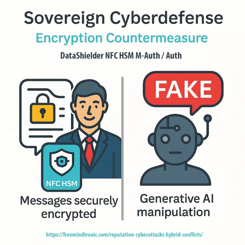 Visual comparison showing how NFC HSM message encryption counters generative AI manipulation in reputation cyberattacks