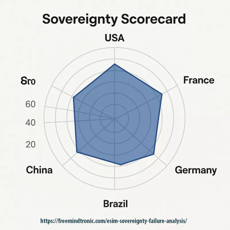 Radar chart showing comparative eSIM sovereignty levels in USA, France, China, Germany and Brazil