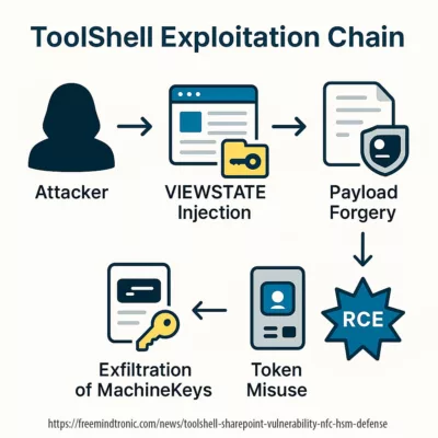 Flowchart showing ToolShell exploitation stages from VIEWSTATE injection to MachineKey theft and remote code execution in SharePoint