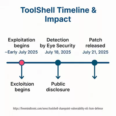 Infographic showing the timeline of ToolShell zero-day in SharePoint from exploitation to public patch and global impact