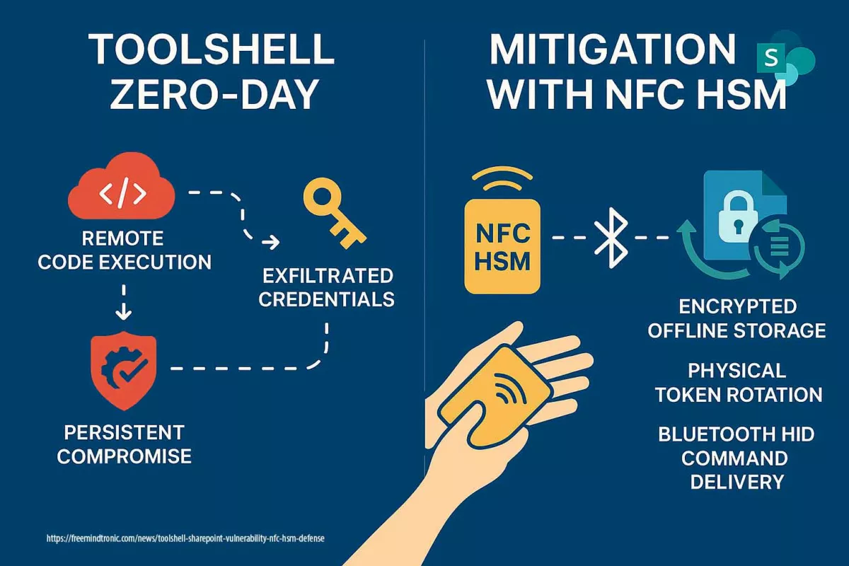 Comparative infographic contrasting ToolShell SharePoint zero-day with NFC HSM mitigation strategies