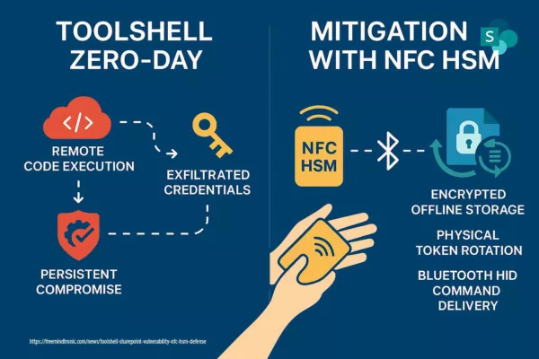 Comparative infographic contrasting ToolShell SharePoint zero-day with NFC HSM mitigation strategies
