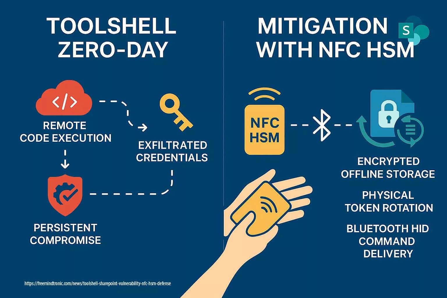 Comparative infographic contrasting ToolShell SharePoint zero-day with NFC HSM mitigation strategies