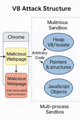Diagram showing CVE-2025-6554 V8 attack structure in Chrome