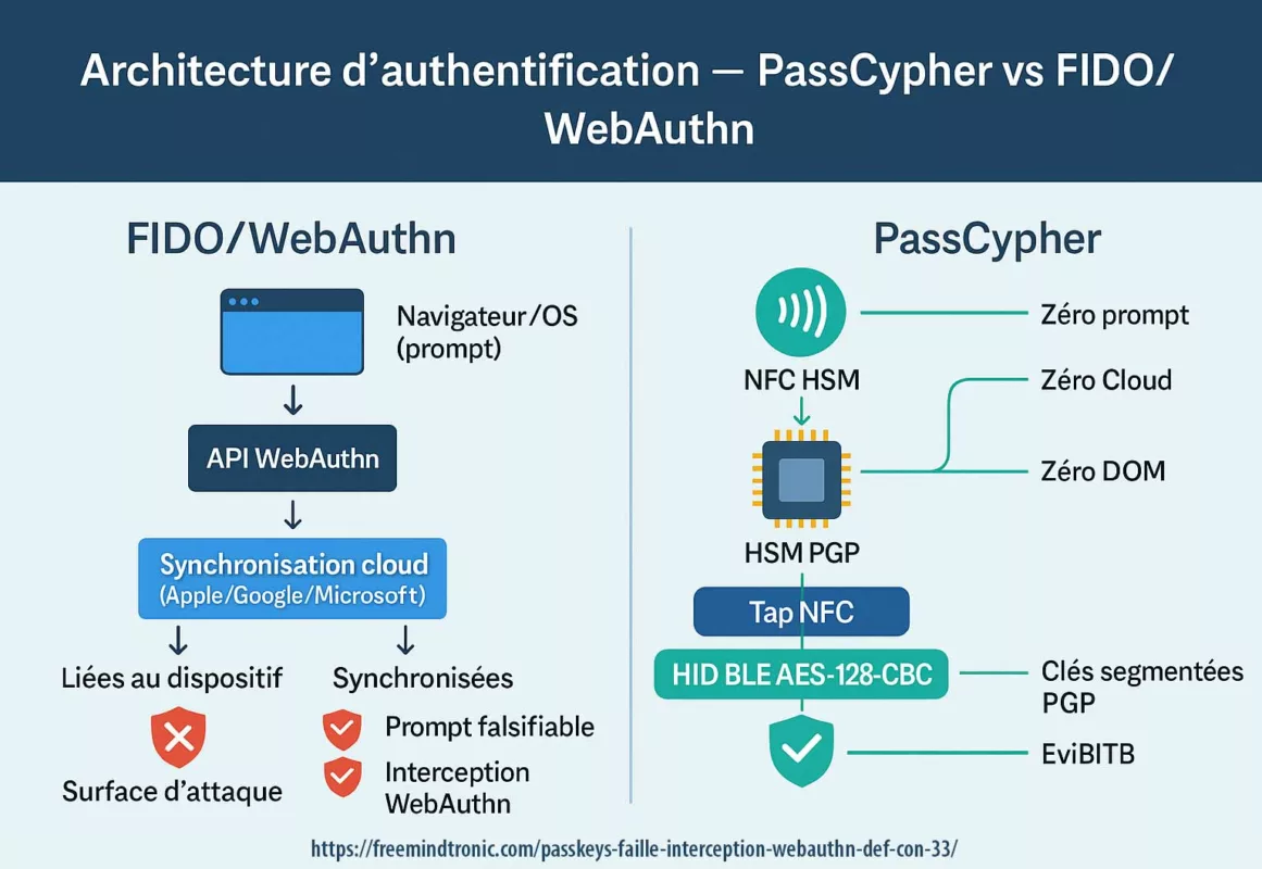 Architecture PassCypher vs FIDO WebAuthn — Schéma comparatif des flux d’authentification