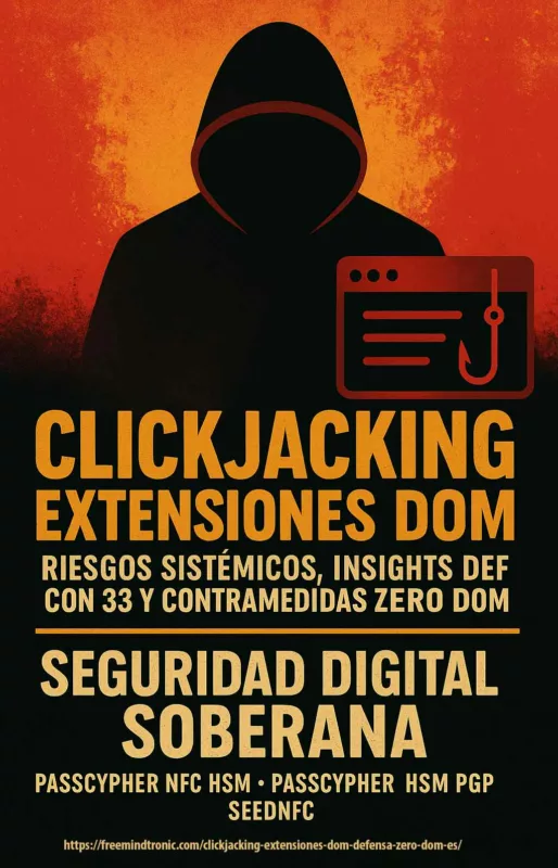 Póster estilo cine sobre clickjacking extensiones DOM, riesgos sistémicos, vulnerabilidades de gestores de contraseñas y wallets cripto, con contramedidas Zero DOM soberanas.