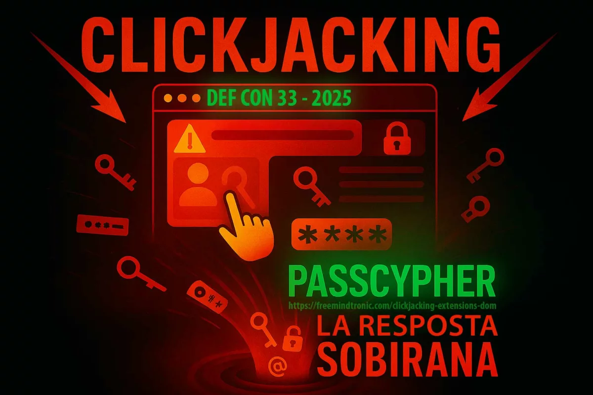 Cartell digital en català sobre el clickjacking d’extensions DOM amb PassCypher — contraatac sobirà Zero DOM