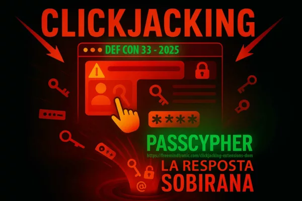 Cartell digital en català sobre el clickjacking d’extensions DOM amb PassCypher — contraatac sobirà Zero DOM