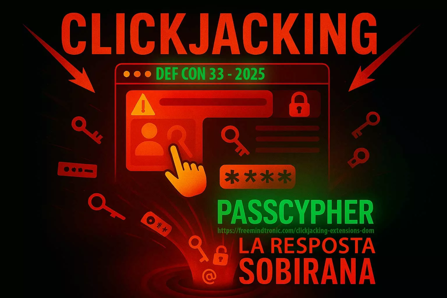 Cartell digital en català sobre el clickjacking d’extensions DOM amb PassCypher — contraatac sobirà Zero DOM