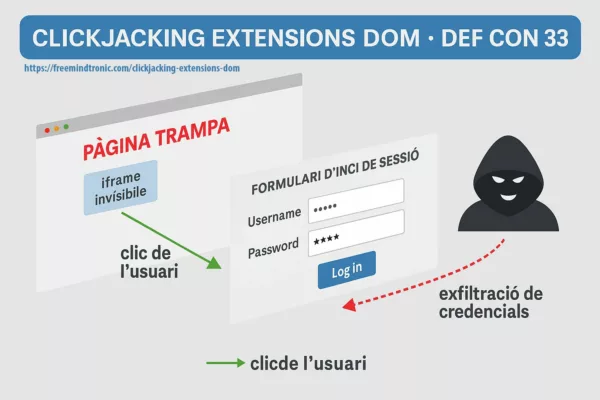 Infografia en català mostrant l’anatomia d’un atac de clickjacking basat en DOM amb pàgina maliciosa, iframe invisible i exfiltració de secrets cap a l’atacant.