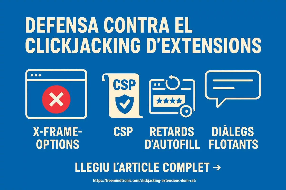 Infografia sobre les defenses contra el clickjacking d’extensions DOM: X-Frame-Options, CSP, retards d’autofill i diàlegs flotants.