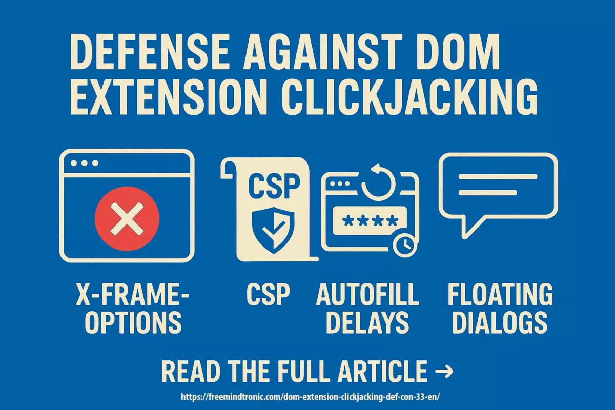 Infographic showing five correction methods against DOM Extension Clickjacking: autofill restriction, subdomain filtering, Shadow DOM detection, contextual isolation, and Zero-DOM hardware