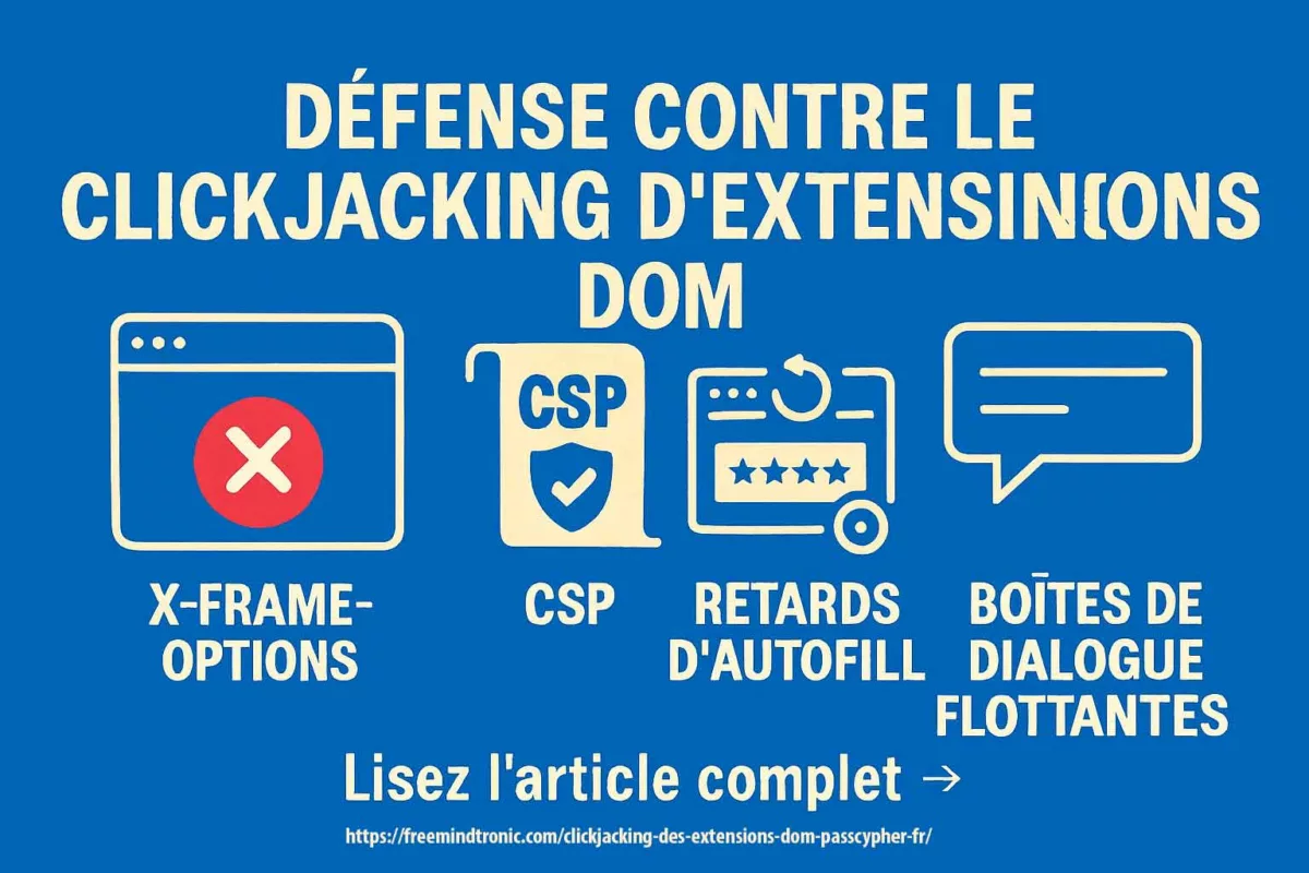 Infographie des défenses contre le clickjacking DOM : X-Frame-Options, CSP, retards d’autofill, boîtes de dialogue flottantes