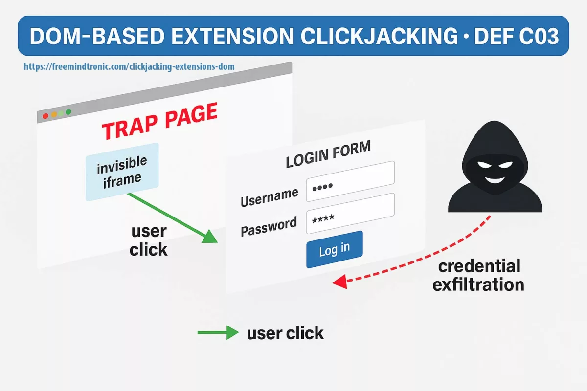 Anatomy of DOM extension clickjacking attack with hidden iframe, Shadow DOM and stealth credential exfiltration