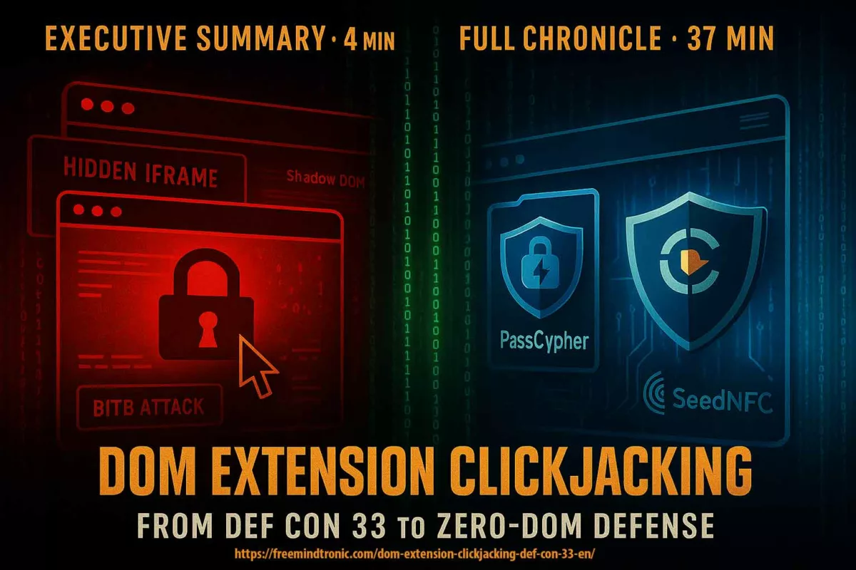 Movie poster style illustration of DOM extension clickjacking unveiled at DEF CON 33, showing hidden iframes, Shadow DOM hijack, and sovereign Zero-DOM countermeasures