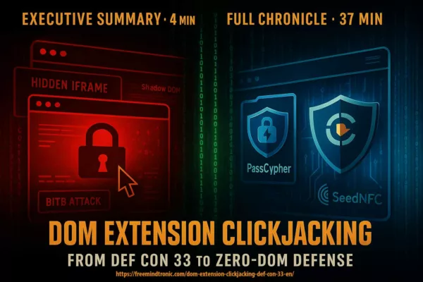 Movie poster style illustration of DOM extension clickjacking unveiled at DEF CON 33, showing hidden iframes, Shadow DOM hijack, and sovereign Zero-DOM countermeasures