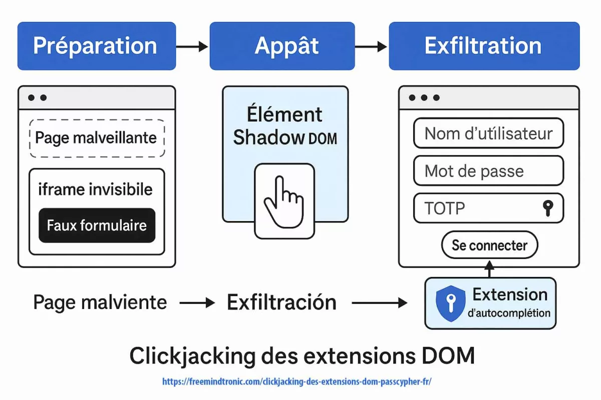 Schéma du clickjacking des extensions DOM en trois étapes : Préparation, Appât et Exfiltration avec extension d’autocomplétion vulnérable
