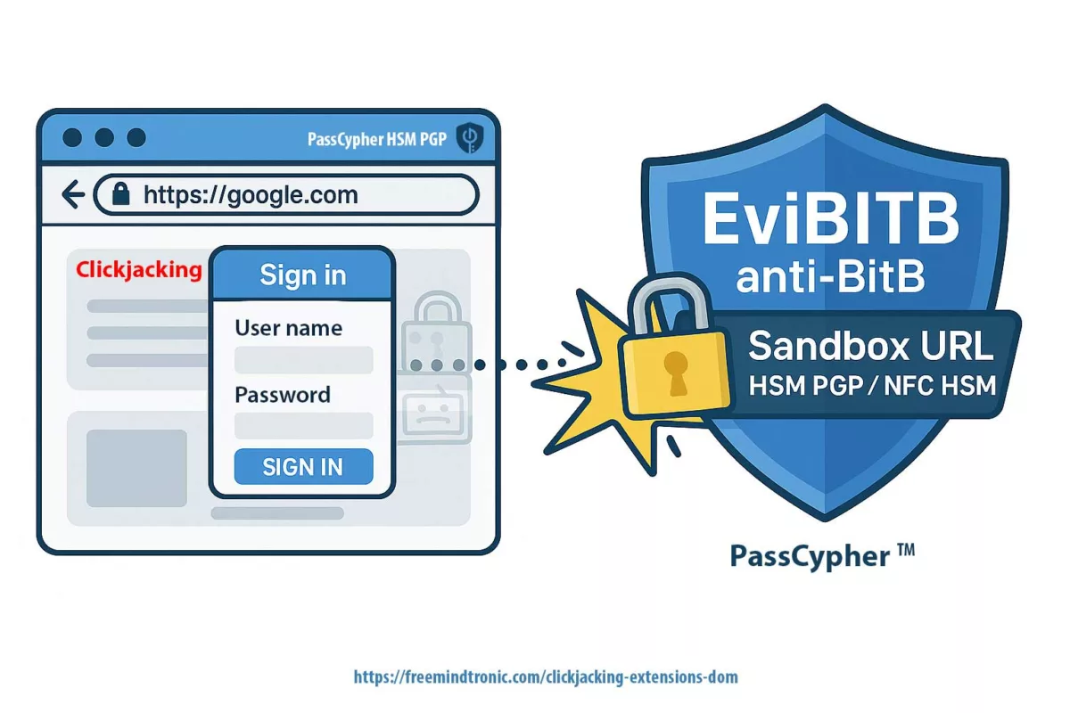 DOM extension clickjacking and Browser-in-the-Browser protection with EviBITB and Sandbox URL inside PassCypher HSM PGP / NFC HSM