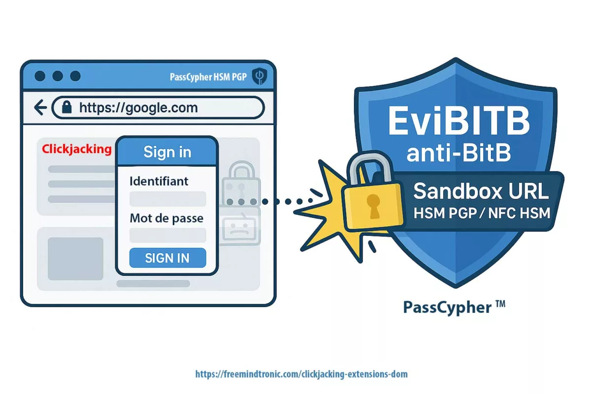 Illustration de la protection anti-BitB et anti-clickjacking par EviBITB et Sandbox URL intégrés à PassCypher HSM PGP / NFC HSM