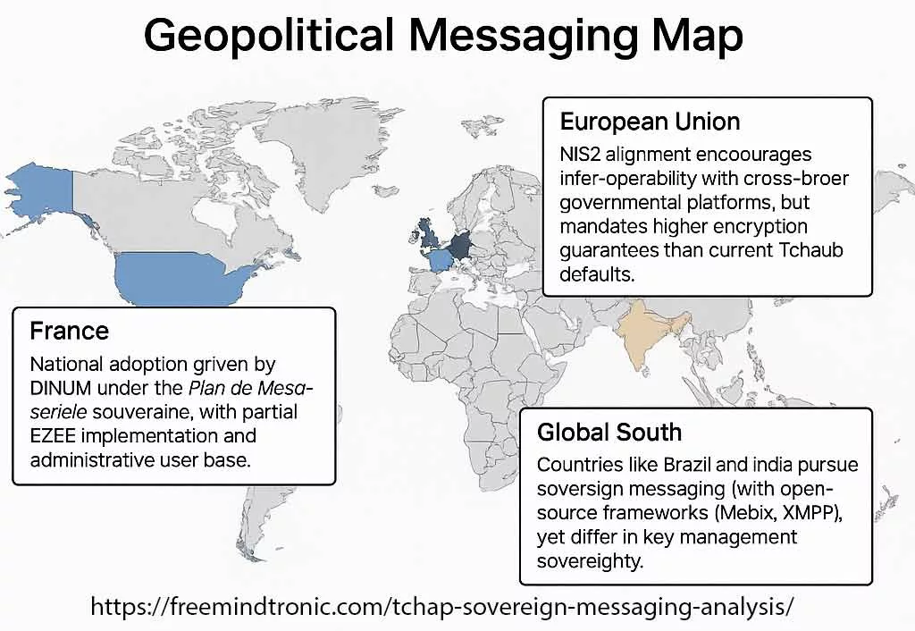 Geopolitical map showing Tchap's position in France, European Union, Global South, and strategic rivals secure messaging landscape