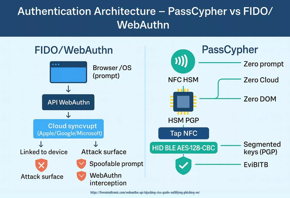 Architecture comparison of PassCypher vs FIDO WebAuthn authentication highlighting phishing resistance and prompt spoofing risks