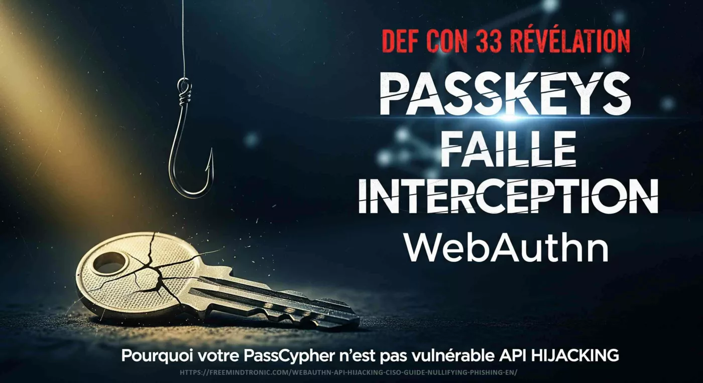 Image type affiche de cinéma: passkey cassée sous hameçon de phishing. Textes: "Passkeys Faille Interception WebAuthn", "DEF CON 33 Révélation", "Pourquoi votre PassCypher n'est pas vulnérable API Hijacking". Contexte cybersécurité Andorre.