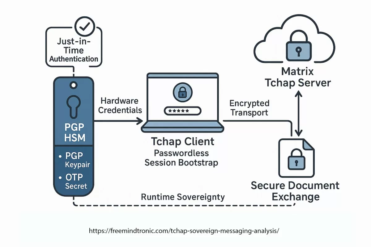 ✪ Diagram — PGP HSM–backed passwordless operations securing Tchap sessions and encrypted document exchange with runtime sovereignty