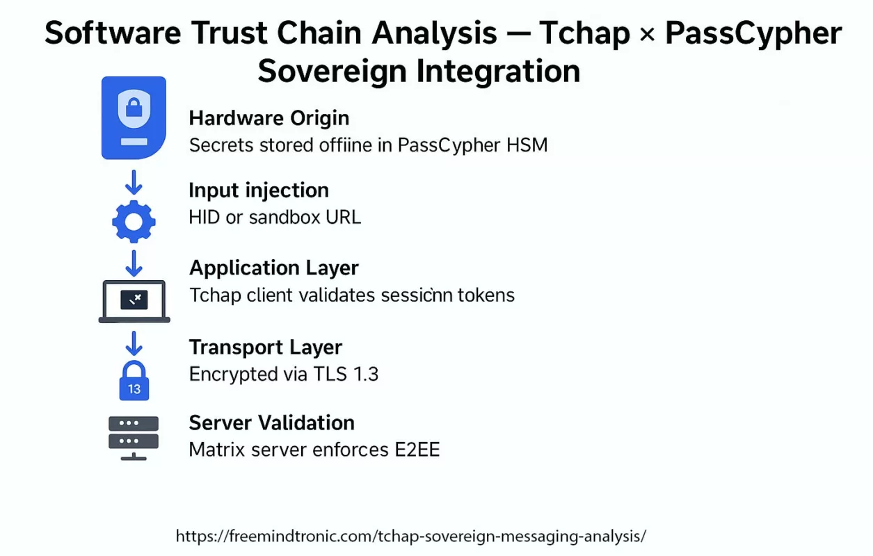 ✪ Software Trust Chain — Sovereign trust mapping from PassCypher HSM hardware credentials through local middleware, Tchap client validation, TLS 1.3 encrypted transport, and server-side encryption