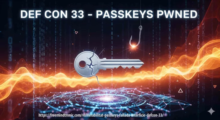 Vulnerabilitat Passkeys: Imatge amb clau trencada, ham de phishing i títol DEF CON 33 – Passkeys Pwned, que simbolitza l'atac d'intercepció WebAuthn i la fallada de les claus d'accés sincronitzades.