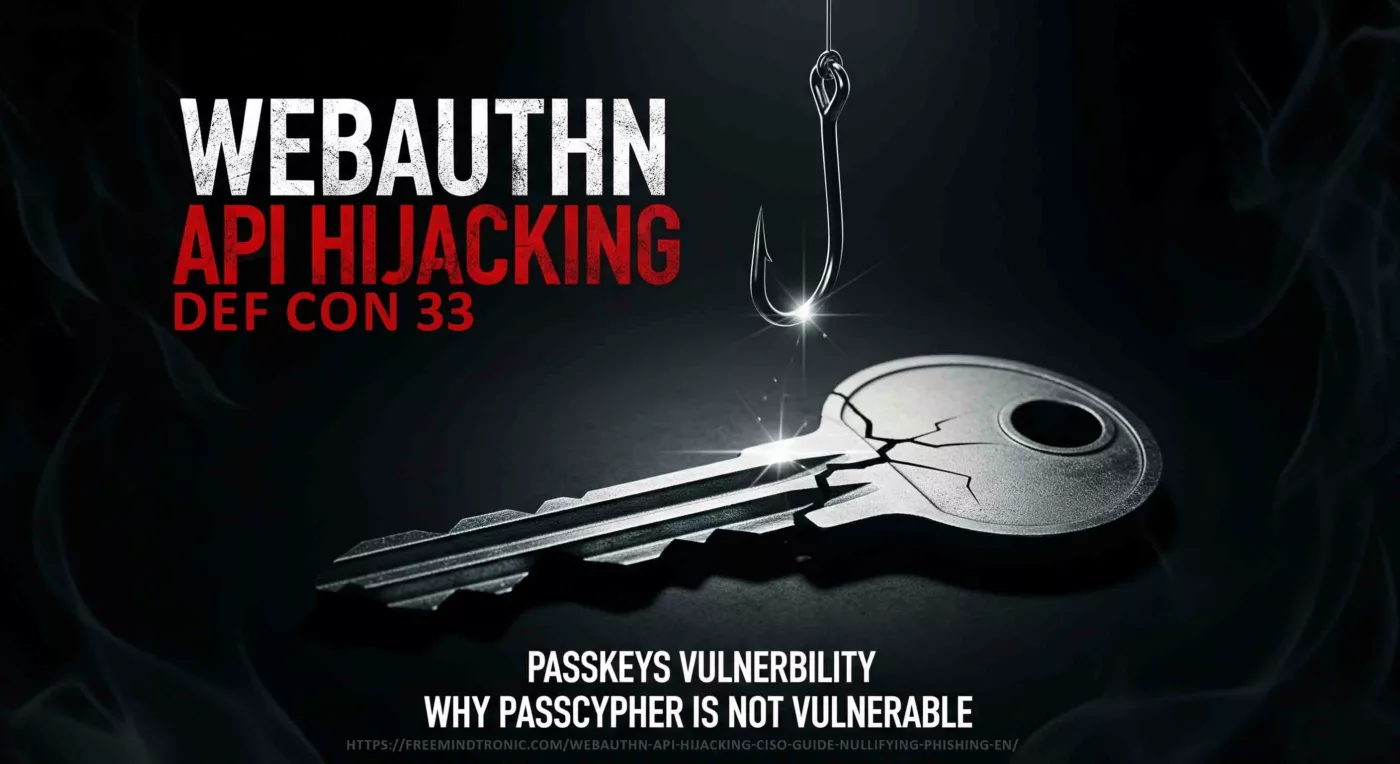 Movie poster-style image of a cracked passkey and fishing hook. Main title: 'WebAuthn API Hijacking', with secondary phrases: 'Passkeys Vulnerability', 'DEF CON 33', and 'Why PassCypher Is Not Vulnerable'. Relevant for cybersecurity in Andorra.