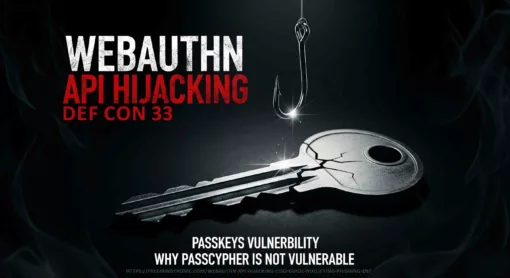 Movie poster-style image of a cracked passkey and fishing hook. Main title: 'WebAuthn API Hijacking', with secondary phrases: 'Passkeys Vulnerability', 'DEF CON 33', and 'Why PassCypher Is Not Vulnerable'. Relevant for cybersecurity in Andorra.