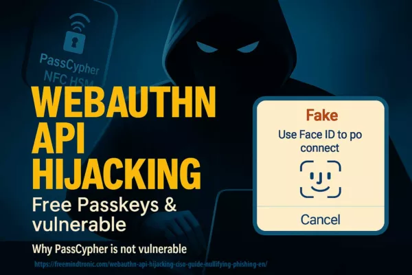 Demonstration of WebAuthn API Hijacking via real-time prompt spoofing, showing a fake authentication prompt contrasted with a secure PassCypher passkey, highlighting the vulnerability of synced passkeys.