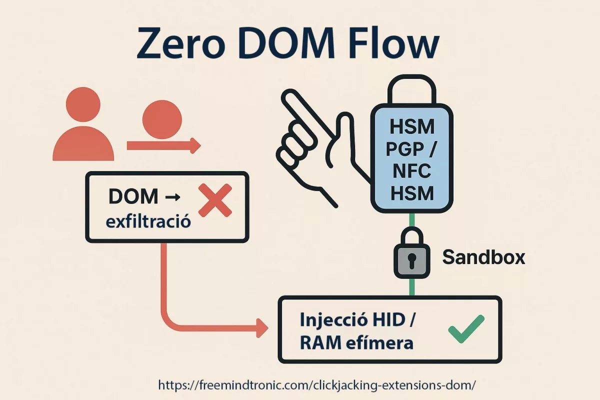 Diagrama Zero DOM Flow que mostra el bloqueig de l’exfiltració DOM i la injecció segura amb HSM PGP / NFC HSM i Sandbox URL