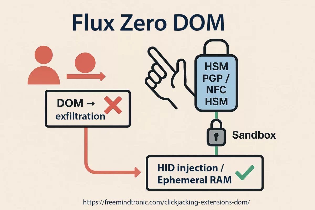 Zero DOM countermeasures flow — credentials, passkeys and crypto keys blocked from DOM exfiltration, secured by HSM PGP and NFC HSM sandbox URL injection