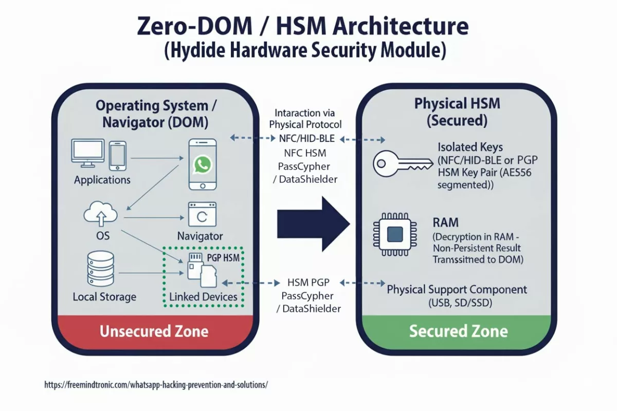 Diagramme de l'Architecture Zero-DOM / HSM (Hydide) illustrant l'isolation des clés et la protection contre la vulnérabilité WhatsApp zero-click. Le HSM sépare la Zone Non Sécurisée (DOM) de la Zone Sécurisée pour les secrets critiques.