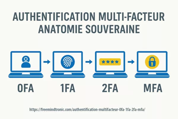 Schéma explicatif de l’Authentification Multifacteur illustrant les étapes 0FA, 1FA, 2FA et MFA sur fond blanc
