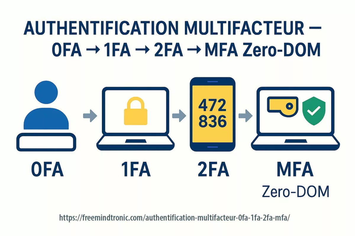 Schéma pédagogique illustrant l’Authentification Multifacteur avec la progression de 0FA, 1FA, 2FA jusqu’à MFA Zero-DOM