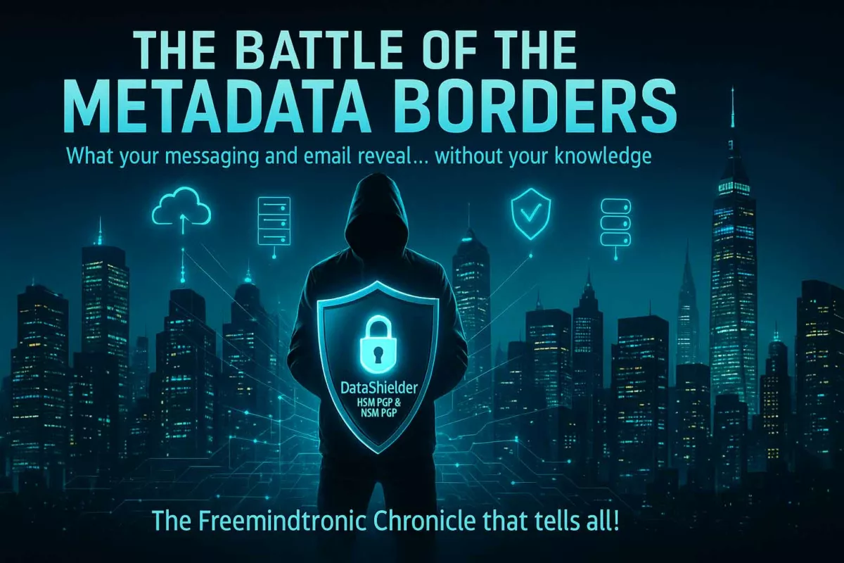 Cinematic poster-style artwork of “The Battle of Metadata Borders” showing a hooded figure with a glowing DataShielder shield, standing before a futuristic city skyline with neon data icons, symbolizing email and messaging privacy.