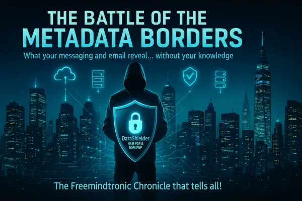 Cinematic poster-style artwork of “The Battle of Metadata Borders” showing a hooded figure with a glowing DataShielder shield, standing before a futuristic city skyline with neon data icons, symbolizing email and messaging privacy.