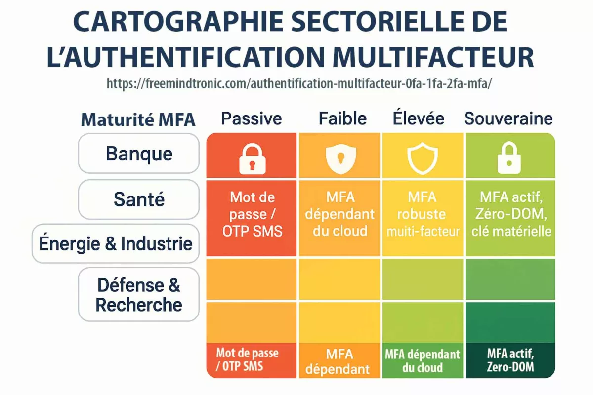 Infographie 16:9 illustrant la cartographie sectorielle de l’Authentification Multifacteur avec niveaux de maturité Passif, Faible, Élevée et Souveraine incluant le MFA Zero-DOM