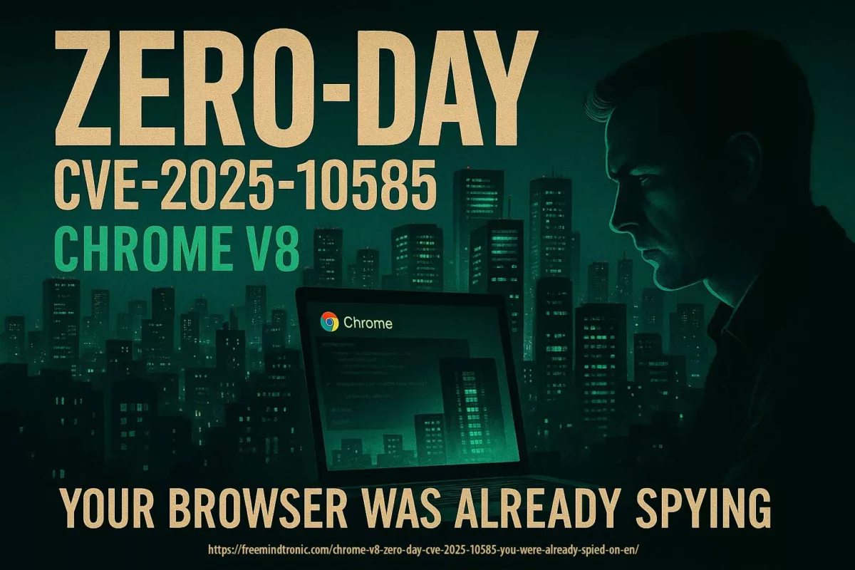 Cinematic poster style showing cyber espionage in a city night scene, symbolizing Chrome V8 confusion RCE zero-day vulnerability.